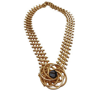 Vintage Gold Tone Woven Mesh Statement Necklace Chunky Choker Cabonchon Pendant